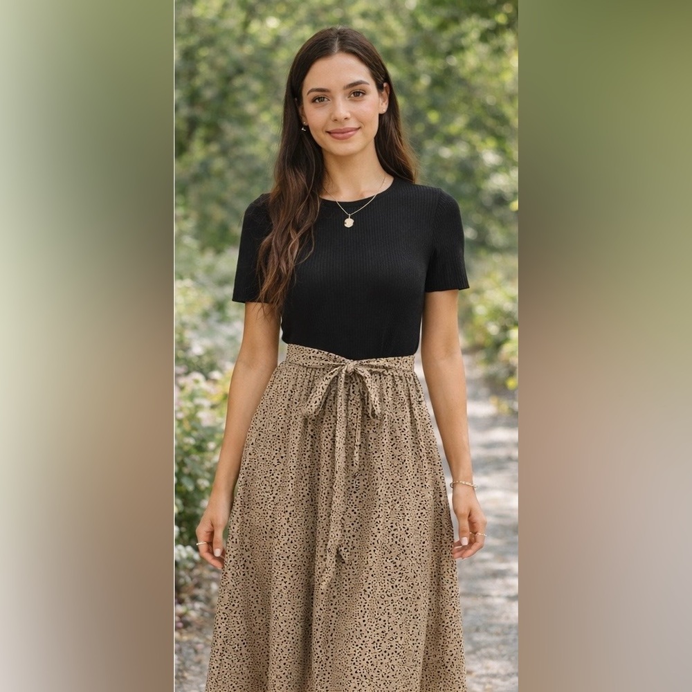 Chic Black and Tan Midi Dress